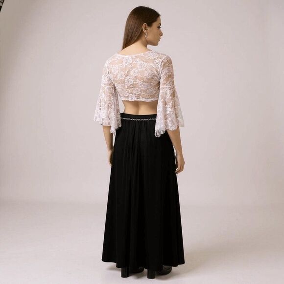 White V Neck Floral Lace Bell Sleeve Front Tie Cropped Cardigan NWT - Picture 3 of 3